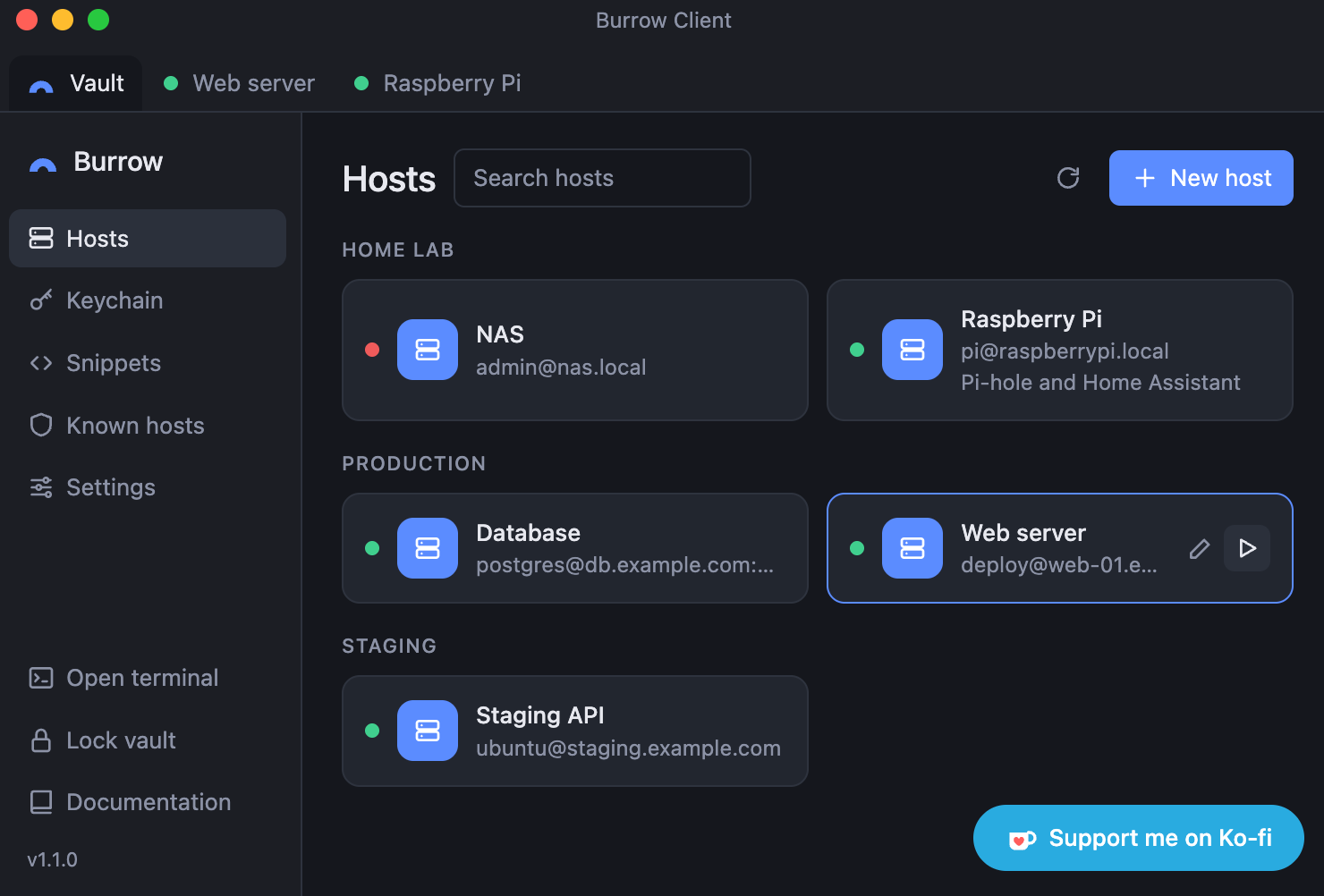 The Burrow Client window: tabs for the vault and two open sessions, a sidebar with Hosts, Keychain, Snippets, Known hosts and Settings, and the Hosts view with hosts grouped under Home Lab, Production and Staging.