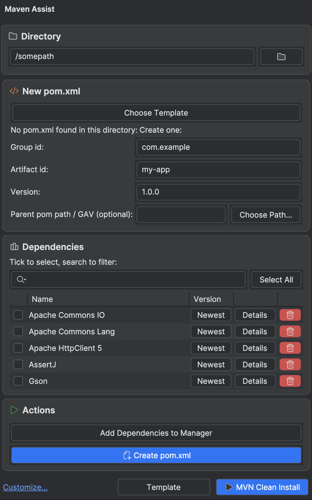 The Maven Assist tool window in create mode: a directory field, a New pom.xml form with group id, artifact id and version, and a tickable dependency list.